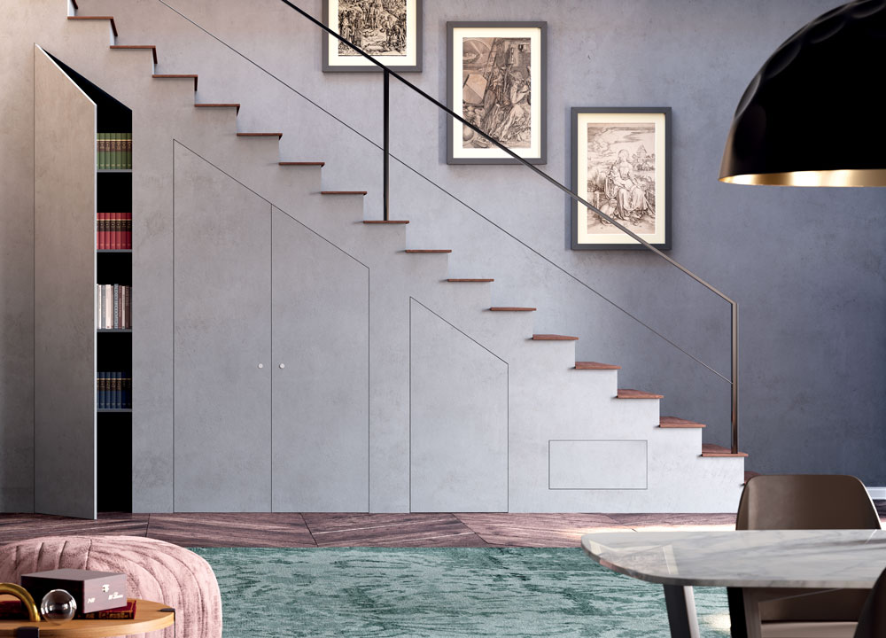 Flush-with-the-wall panels for equipped under-stair closets